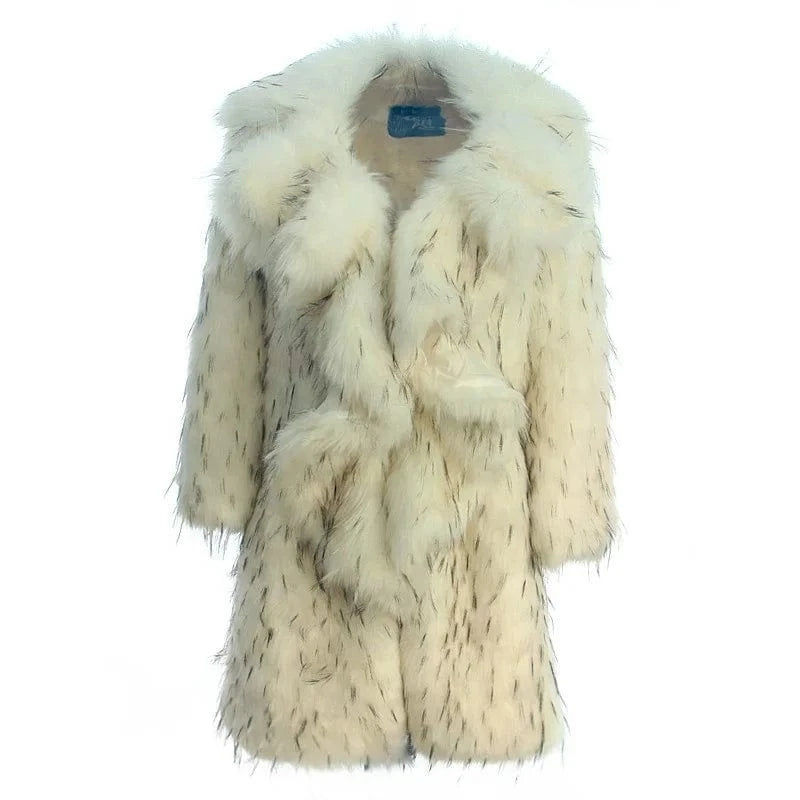 2023 Plus Size women's Winter long jacket Long Faux Raccoon White With Lapel Fox Fur women's clothing fur coat