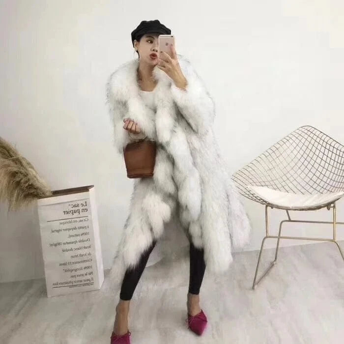 2023 Plus Size women's Winter long jacket Long Faux Raccoon White With Lapel Fox Fur women's clothing fur coat