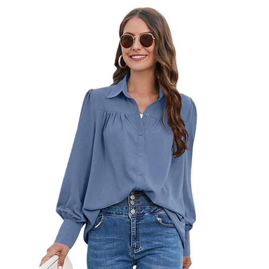2023 Popular European and American Women's clothing Spring and Autumn New Chiffon shirt Women's shirt pleated long-sleeved shirt
