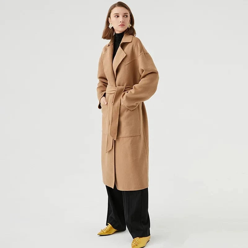 2023 Spring Fashion Handmade Cashmere Coat Belted Long Wool Trench Coat Women Autumn Winter Jacket