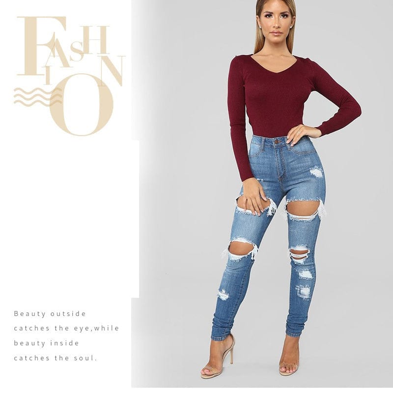 2023 Spring New Women's Low Waist Ripped Jeans Fashion Slim Hip Lift Elastic Ankle-Length Plus Size Jeans Denim Pencil Pants