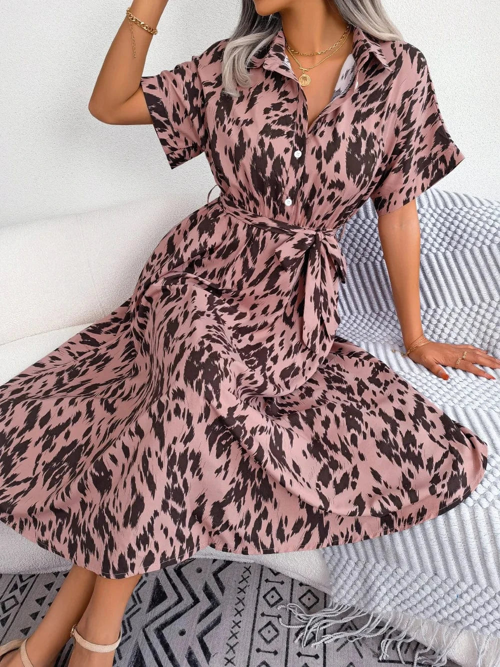2023 Summer European and American Casual loose Leopard print lace-up Waist shirt dress Women's clothing