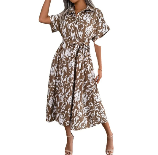 2023 Summer European and American Casual loose Leopard print lace-up Waist shirt dress Women's clothing