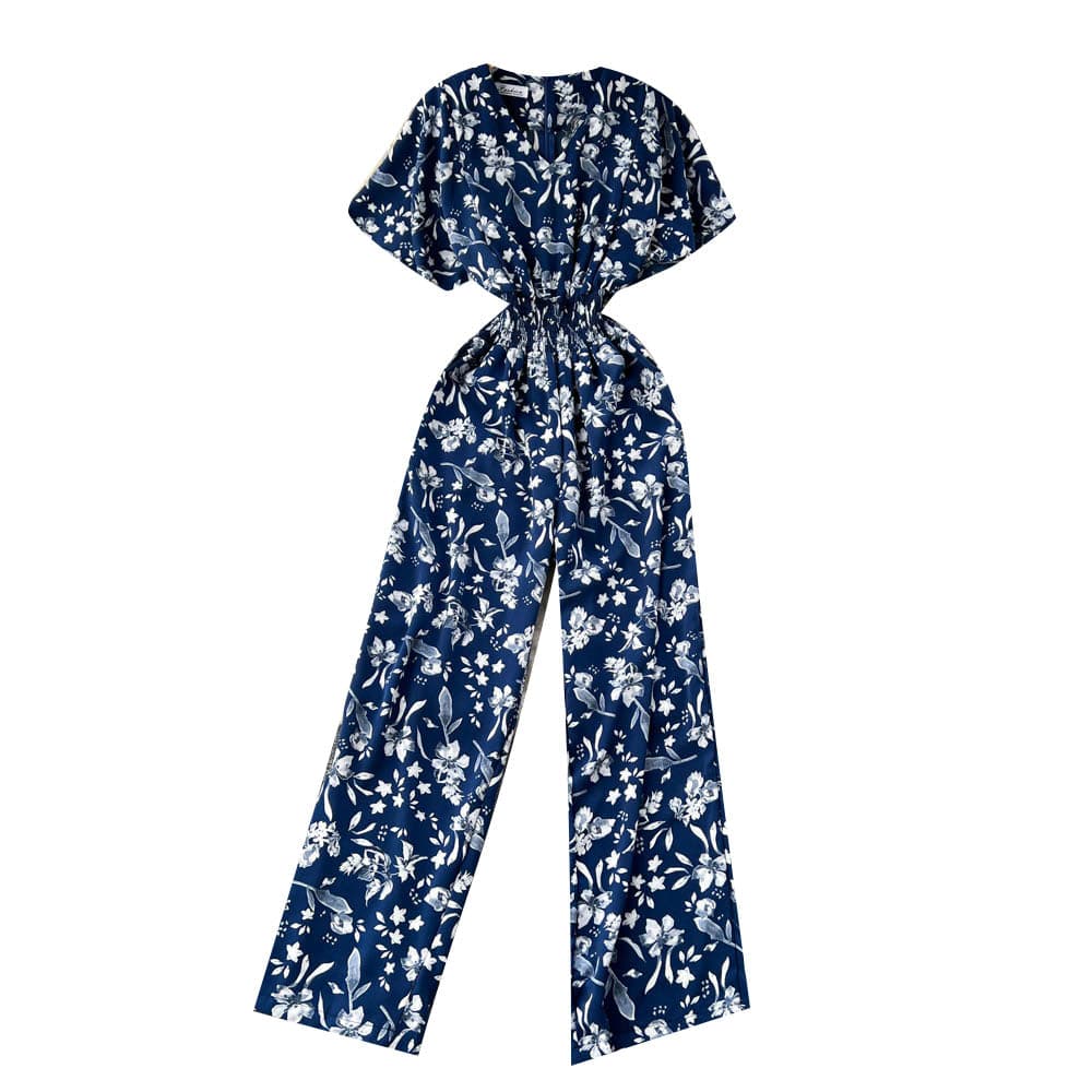 2023 summer new ins fashionable V-neck printed slim jumpsuit women's wide leg trousers