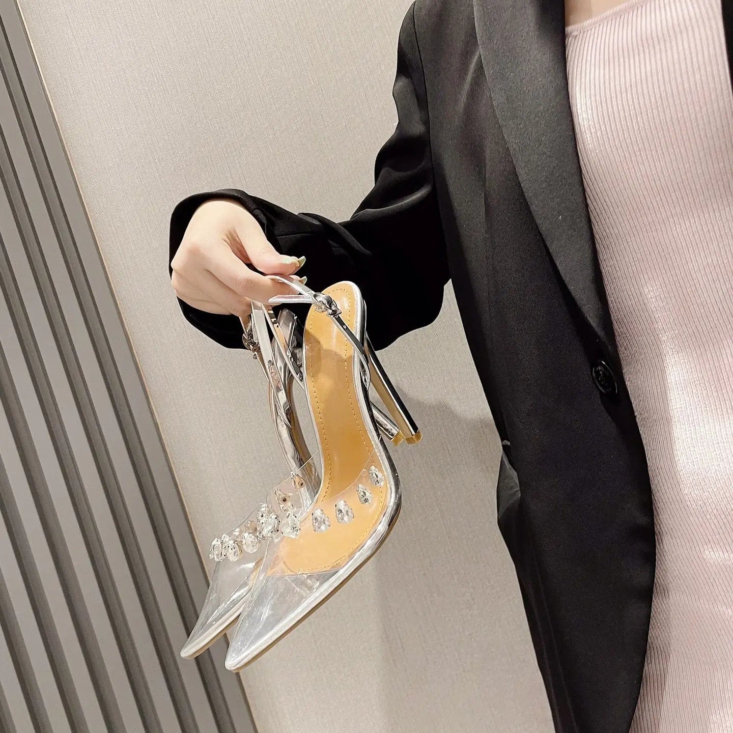 2023 Summer New Pointed Transparent PVC With Studded Rhinestone Chain Sandals Stylish Stiletto Multicolor Women's Shoes