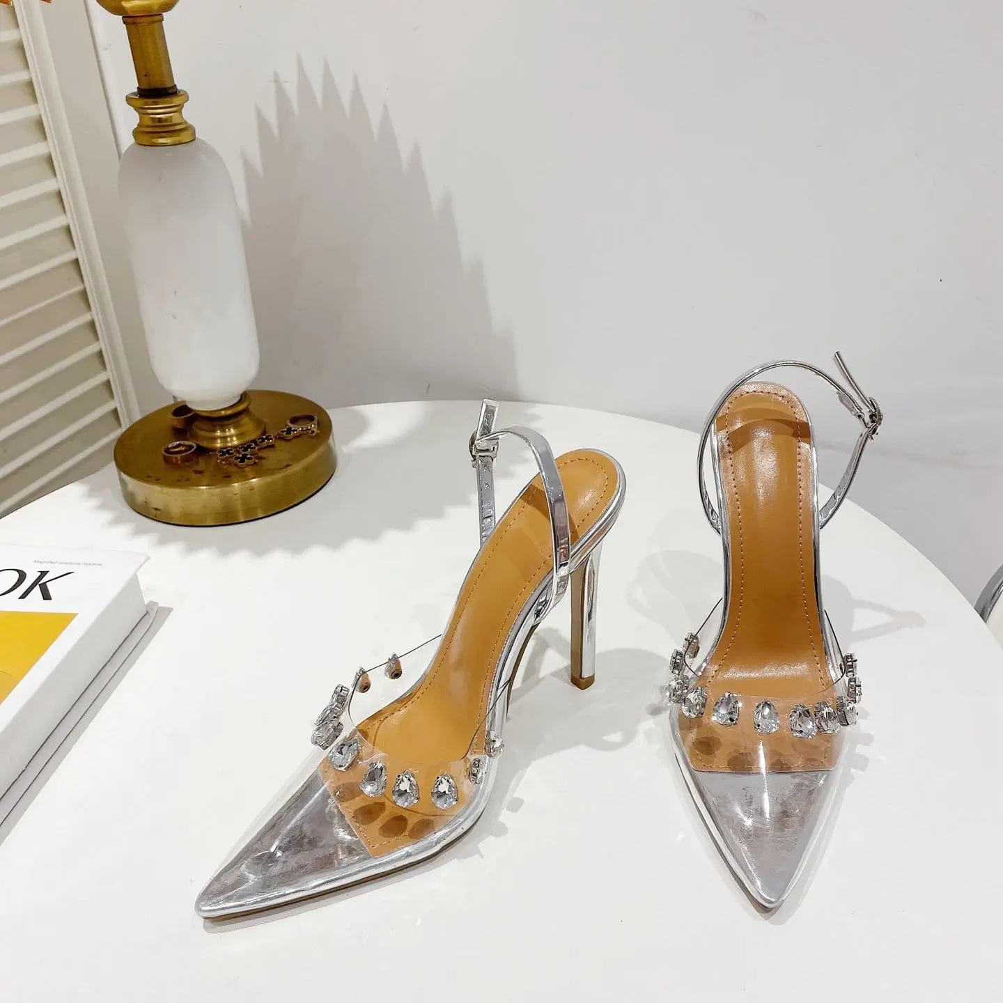 2023 Summer New Pointed Transparent PVC With Studded Rhinestone Chain Sandals Stylish Stiletto Multicolor Women's Shoes