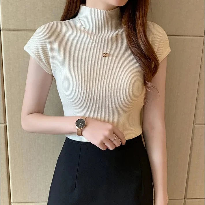 2023 Summer new semi-high collar bottoming shirt women's short-sleeved knitwear tight sweater short slim top