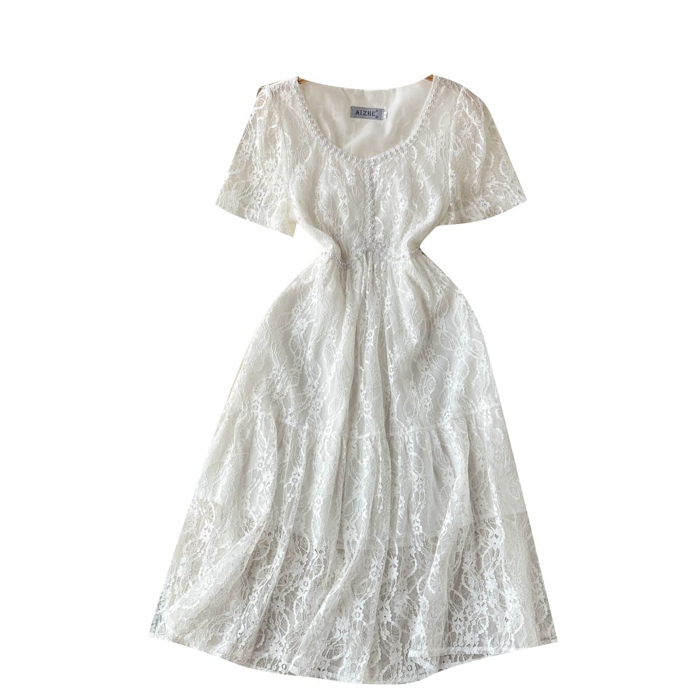 2023 summer pearl lace embroidery French square collar temperament pleated fairy dress