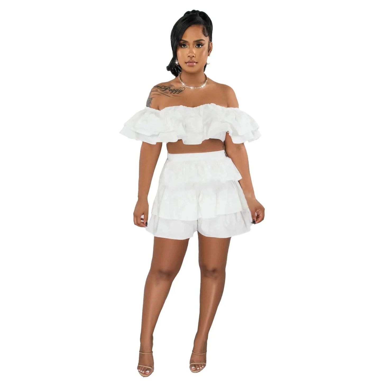 2023 summer ruffle short sets for women clothing casual crop top 2 two piece short set