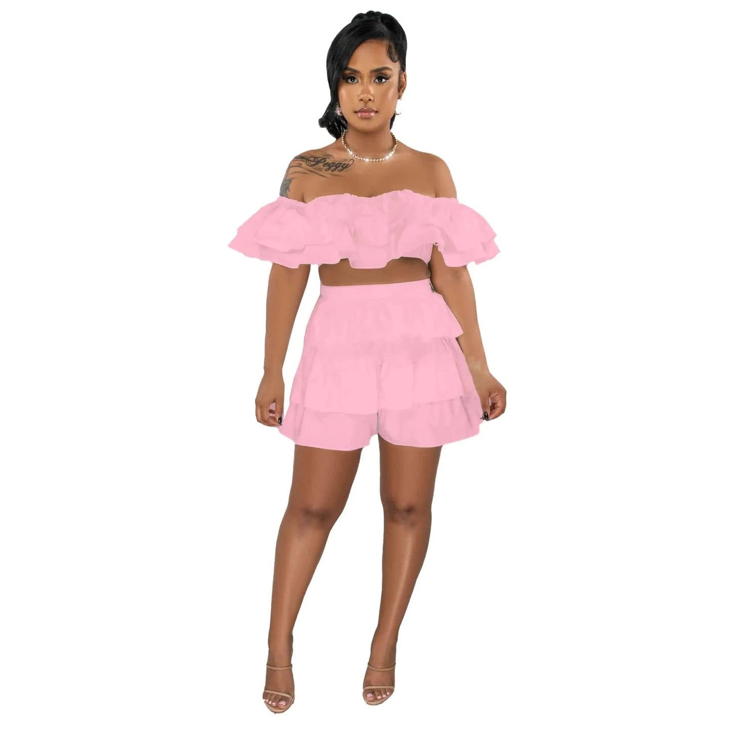 2023 summer ruffle short sets for women clothing casual crop top 2 two piece short set