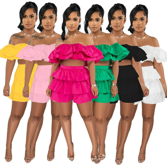 2023 summer ruffle short sets for women clothing casual crop top 2 two piece short set