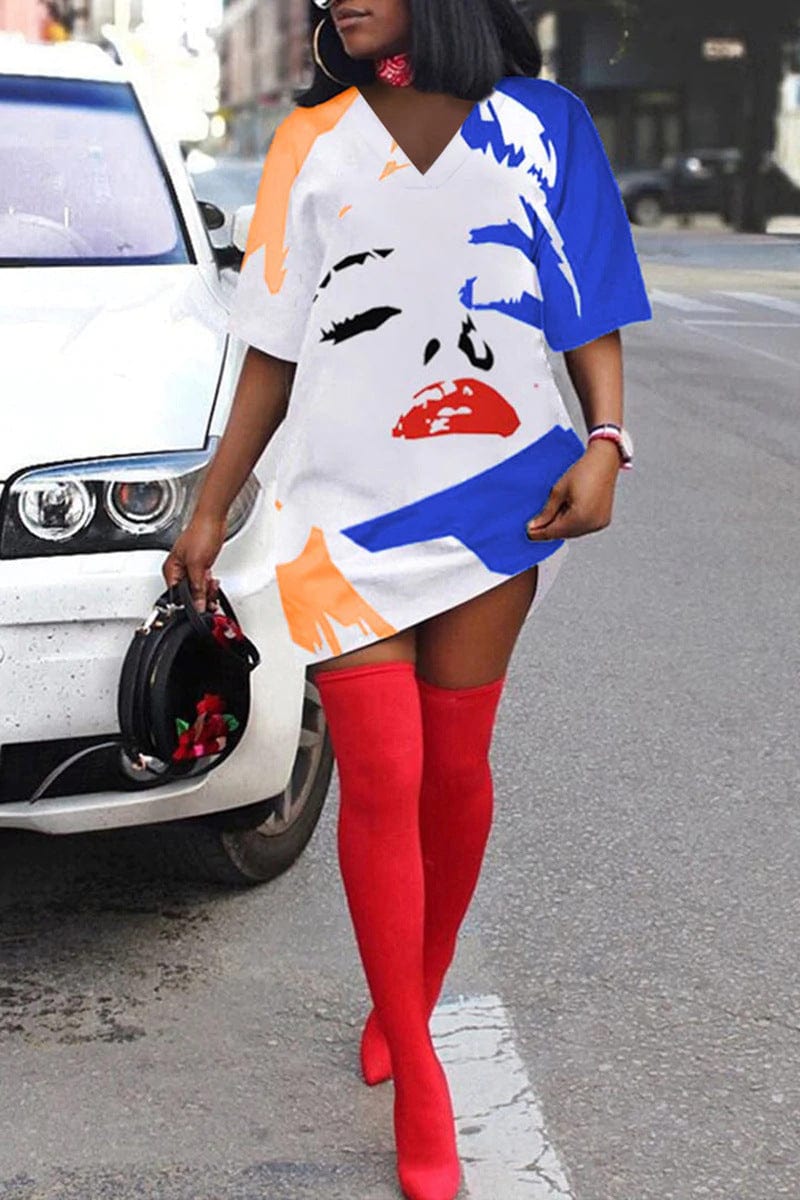 2023 summer trendy 3D Printed Fashion Casual Loose Plus Size Women's V-Neck half Sleeve midi Dress
