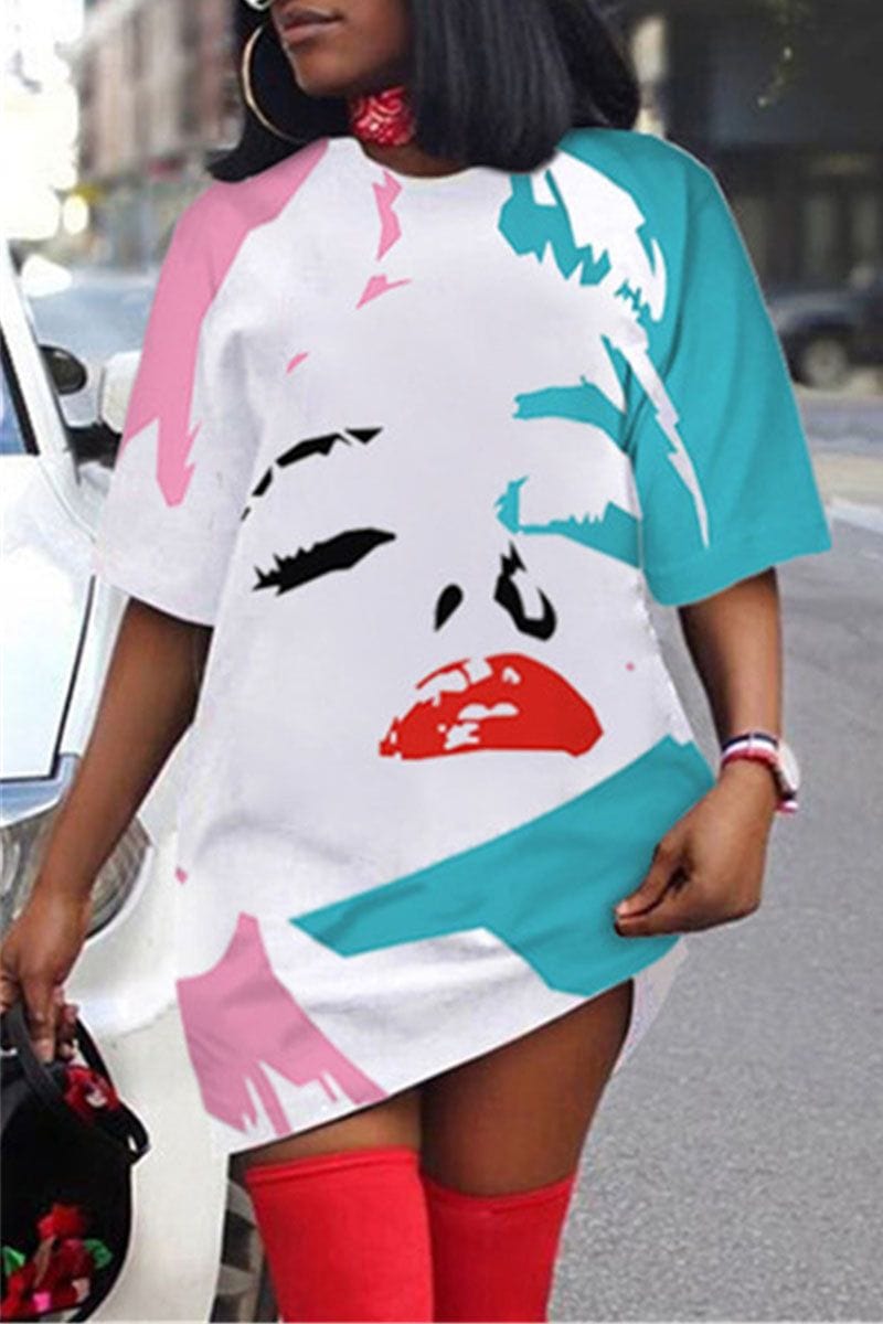 2023 summer trendy 3D Printed Fashion Casual Loose Plus Size Women's V-Neck half Sleeve midi Dress