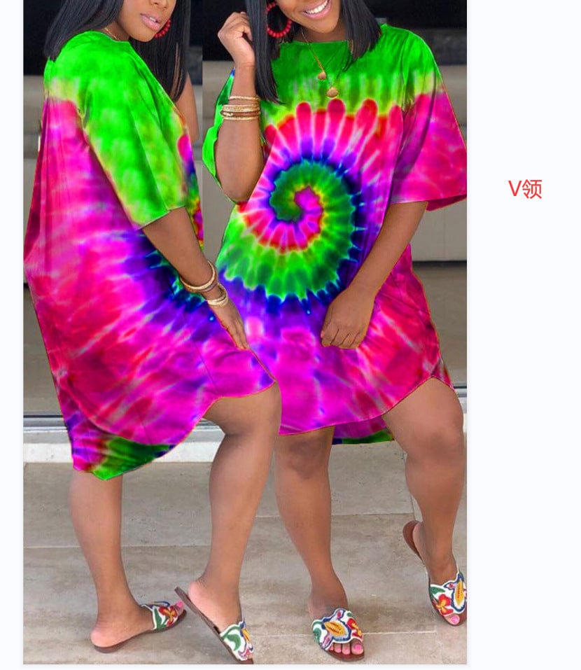 2023 summer trendy 3D Printed Fashion Casual Loose Plus Size Women's V-Neck half Sleeve midi Dress