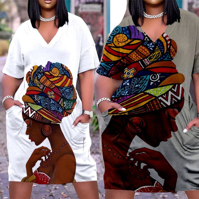 2023 summer trendy 3D Printed Fashion Casual Loose Plus Size Women's V-Neck half Sleeve midi Dress