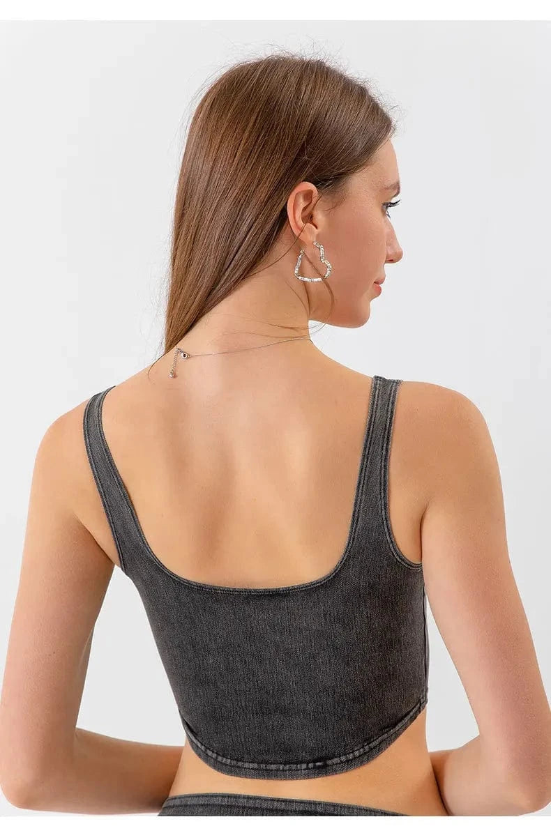 2023 Wholesale New Fashion Women Slim Solid Color Sports U-shaped High Elastic Sport Short Demin Yoga Vest Top