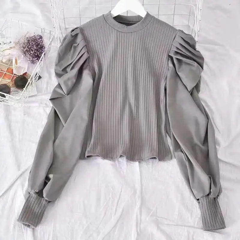2023 Wholesale Spring Autumn Women French Pleated Puffed Sleeves V-neck Loose Fashion Casual Pullover Knitted Shirt
