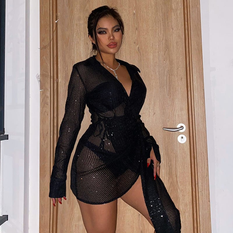 2023 Wholesale Spring Shirt Sequin Dress Sexy Plus Size Women'S Dresses Mini Party Dress with Long Sleeves For Women