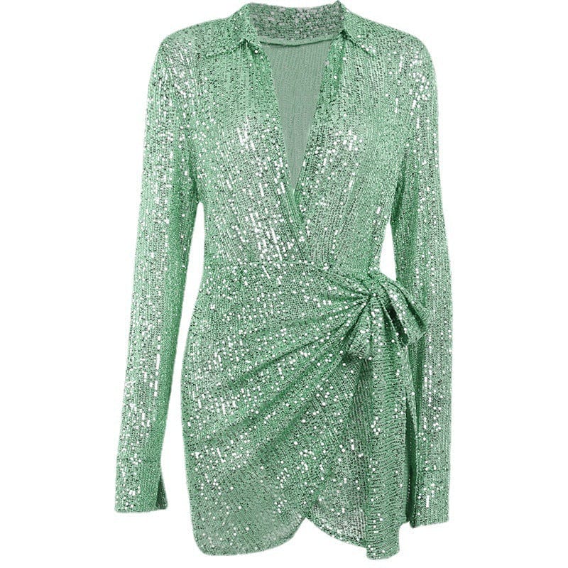 2023 Wholesale Spring Shirt Sequin Dress Sexy Plus Size Women'S Dresses Mini Party Dress with Long Sleeves For Women