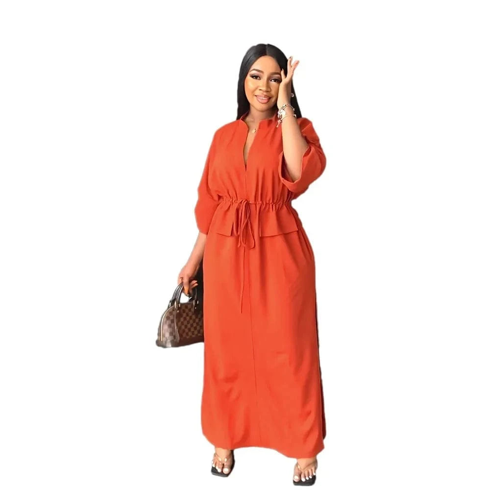 2023 Women Clothing Loose Waist Tucked Casual Tooling Skirt Side Slit Summer Short-sleeved V-neck Loose Women Dress