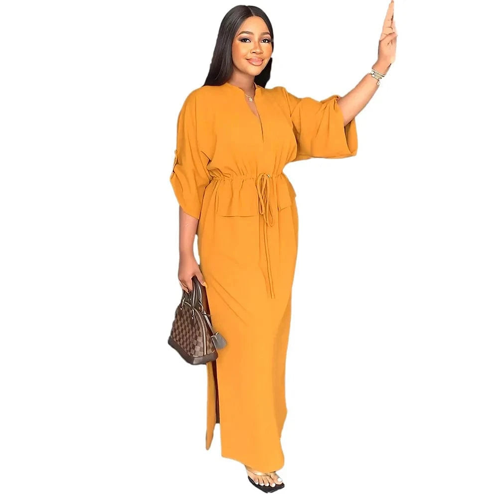 2023 Women Clothing Loose Waist Tucked Casual Tooling Skirt Side Slit Summer Short-sleeved V-neck Loose Women Dress