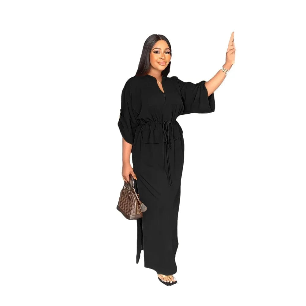 2023 Women Clothing Loose Waist Tucked Casual Tooling Skirt Side Slit Summer Short-sleeved V-neck Loose Women Dress