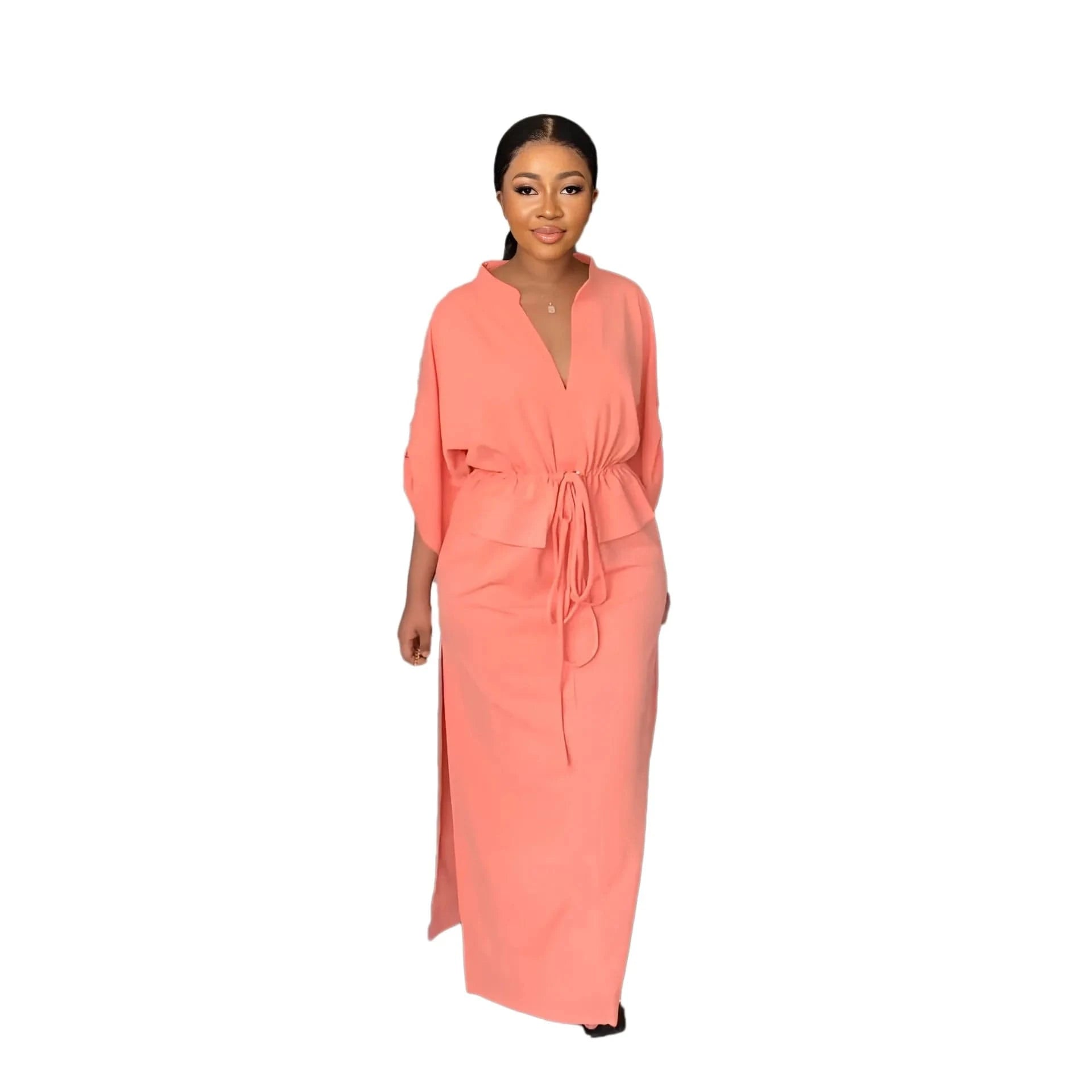 2023 Women Clothing Loose Waist Tucked Casual Tooling Skirt Side Slit Summer Short-sleeved V-neck Loose Women Dress