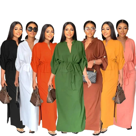 2023 Women Clothing Loose Waist Tucked Casual Tooling Skirt Side Slit Summer Short-sleeved V-neck Loose Women Dress
