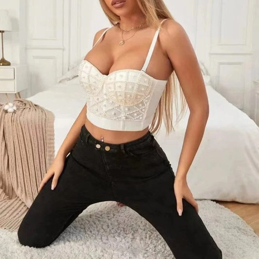 2023 Women's Suspender Rhinestone Beaded Top Sexy Bandeau Corset Hot Girl Waistcoat