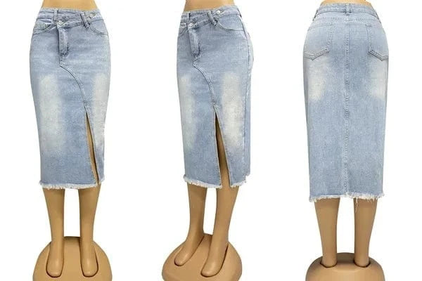 2024 Autumn New American Retro Denim skirt Women's Fashionable Split stitching Mid-length Women's A- line skirt