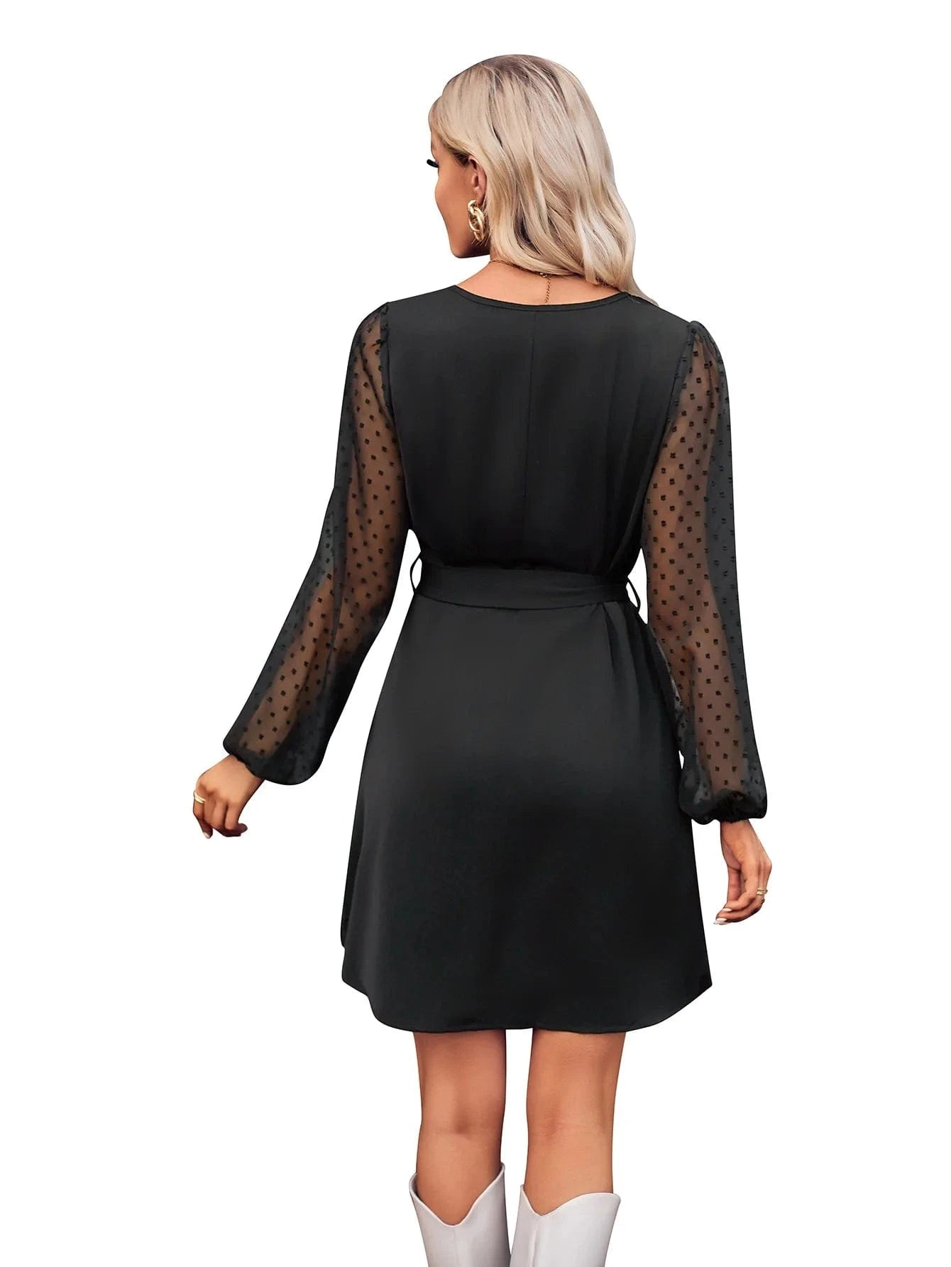 2024 Europe New Fashion Women Lady Spring and Autumn V-neck Solid Color Casual Long-sleeved Waist-tied Midi Dress