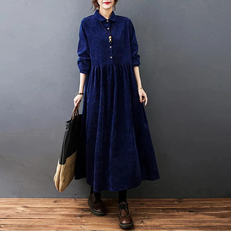 2024 Fashion New Spring and  Autumn New Style Women's Plus Size Casual Warm Corduroy Lapel Long Dress for Women