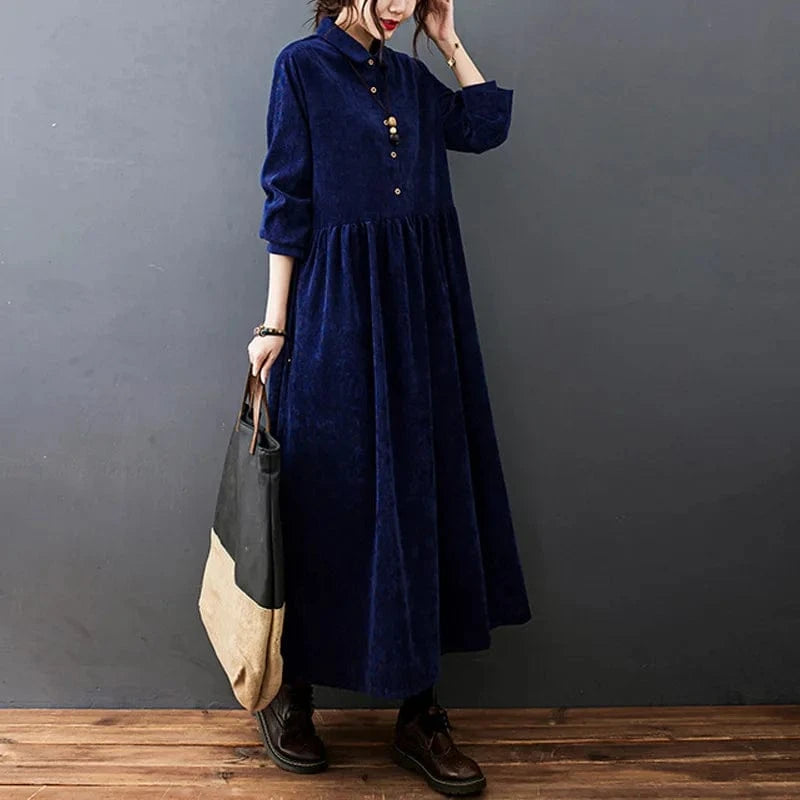 2024 Fashion New Spring and  Autumn New Style Women's Plus Size Casual Warm Corduroy Lapel Long Dress for Women