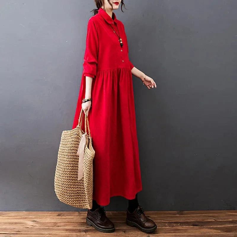 2024 Fashion New Spring and  Autumn New Style Women's Plus Size Casual Warm Corduroy Lapel Long Dress for Women