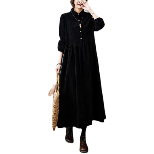 2024 Fashion New Spring and  Autumn New Style Women's Plus Size Casual Warm Corduroy Lapel Long Dress for Women
