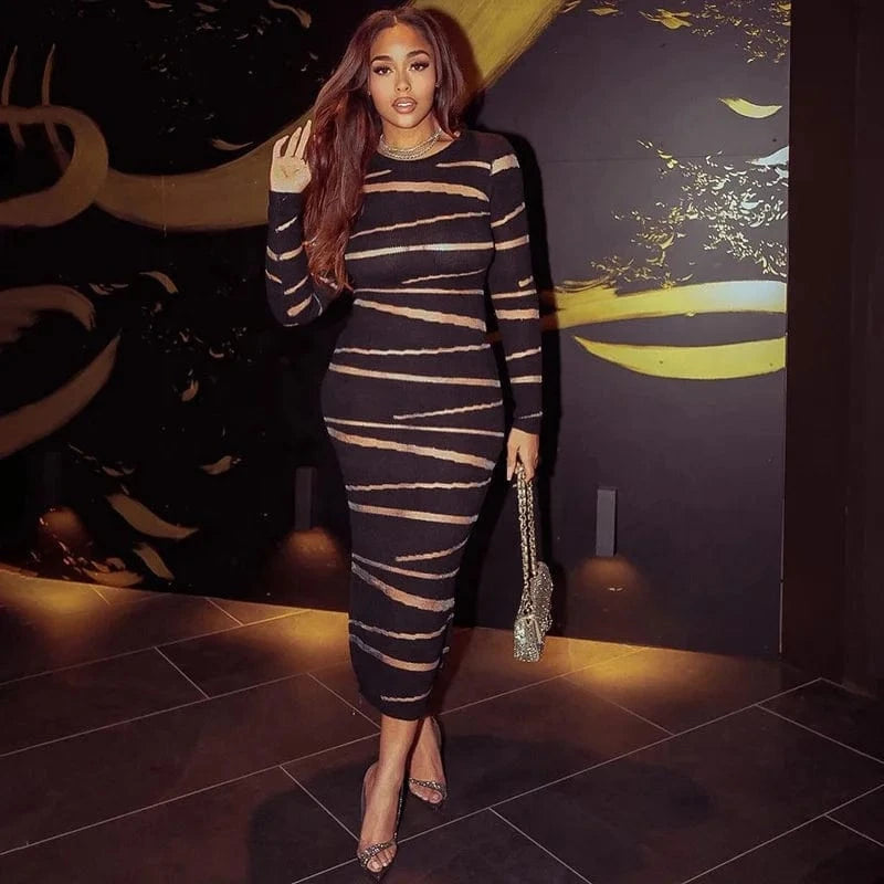 2024 Fashion Women Clothing Knit See Through Long Modest Dresses Sexy Bodycon Casual Ladies Dress