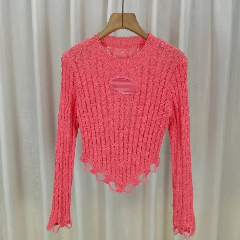2024 Fashion Women Long Sleeve O-neck Solid Color Hollow Out Tassel Fringe Knitted Shirts Women's Clothing Top