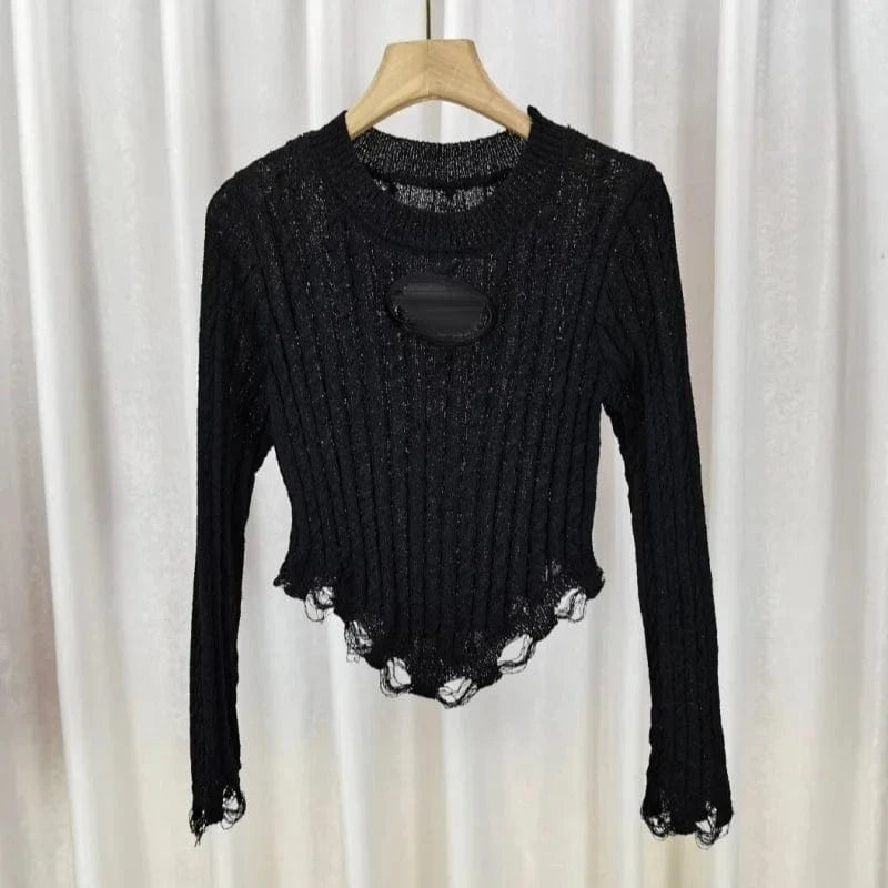 2024 Fashion Women Long Sleeve O-neck Solid Color Hollow Out Tassel Fringe Knitted Shirts Women's Clothing Top