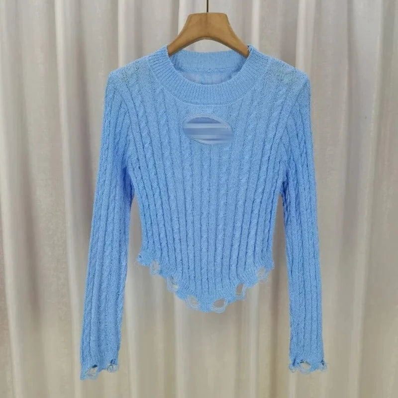 2024 Fashion Women Long Sleeve O-neck Solid Color Hollow Out Tassel Fringe Knitted Shirts Women's Clothing Top