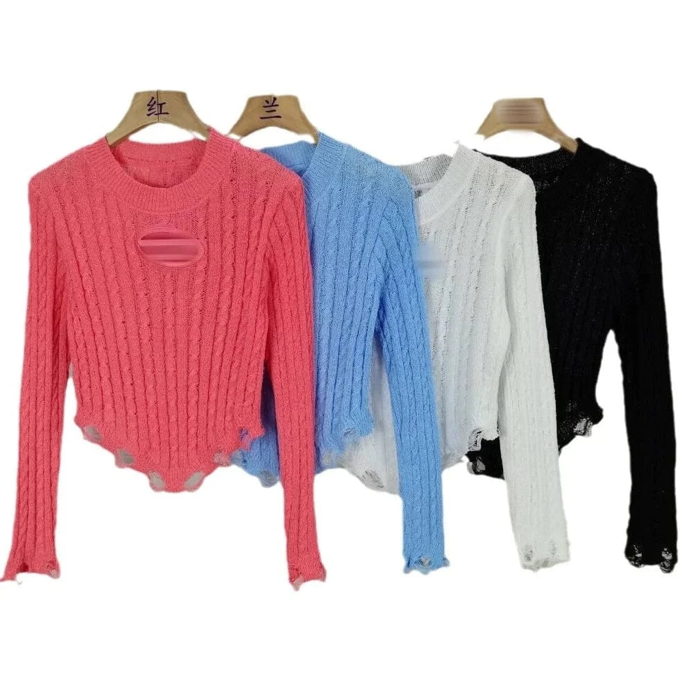2024 Fashion Women Long Sleeve O-neck Solid Color Hollow Out Tassel Fringe Knitted Shirts Women's Clothing Top
