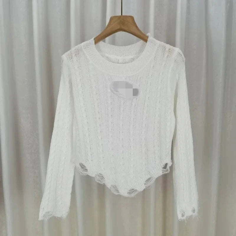 2024 Fashion Women Long Sleeve O-neck Solid Color Hollow Out Tassel Fringe Knitted Shirts Women's Clothing Top