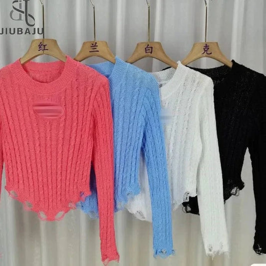 2024 Fashion Women Long Sleeve O-neck Solid Color Hollow Out Tassel Fringe Knitted Shirts Women's Clothing Top