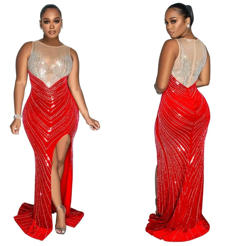 2024 new design elegant rhinestone beading beaded applique panel high slit maxi wedding party eveinng dress with beads long tail