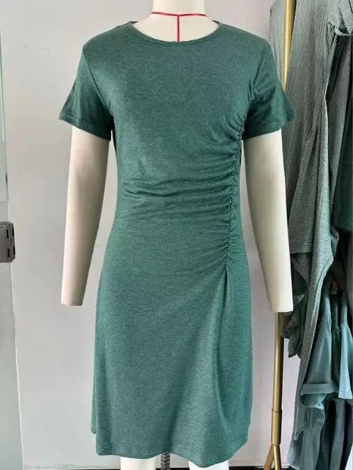 2024 New Fashion Summer Best-Selling Women's Solid Color O-neck Shirt Dress Pleated Slim Fitting Short Sleeve Dresses