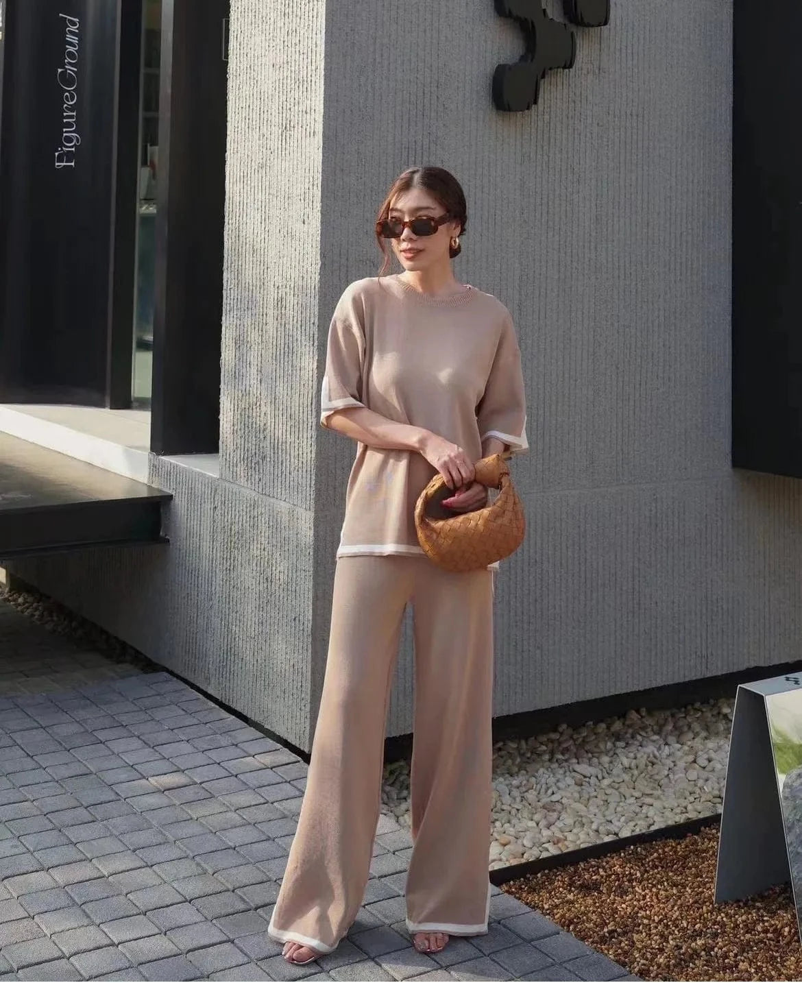 2024 New Knitted suit Sweater suit Long-sleeved Short-sleeved Pullover High Waist Wide-leg Pants Two-piece Set