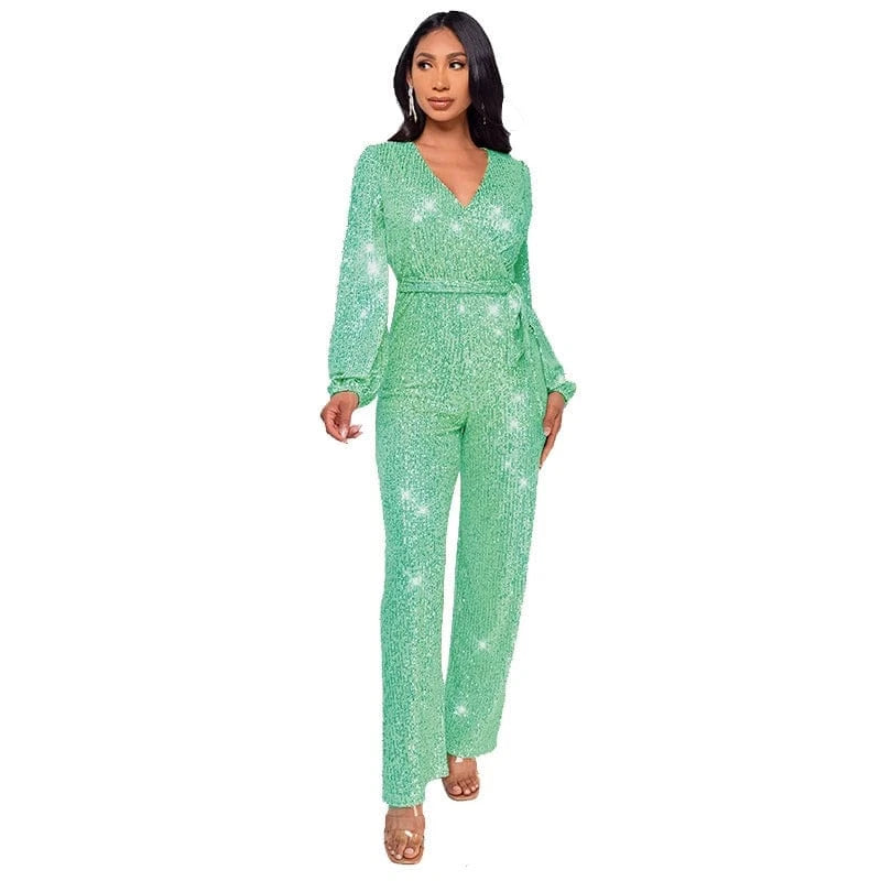 2024 new plus size women ladies sparkly red gold sequin long sleeve full romper jumpsuit women party club clothing with bandage