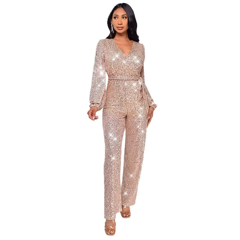 2024 new plus size women ladies sparkly red gold sequin long sleeve full romper jumpsuit women party club clothing with bandage