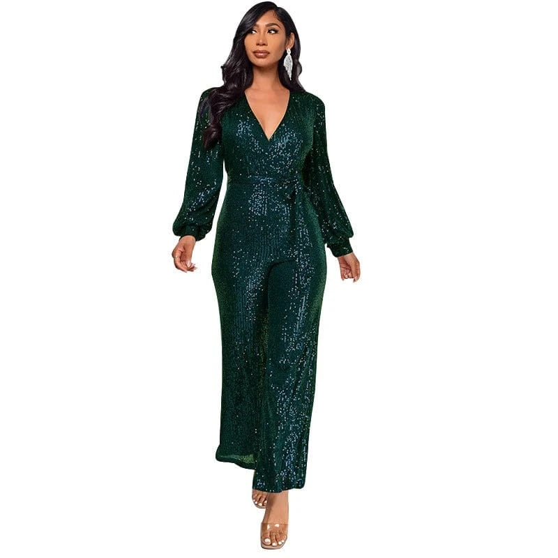 2024 new plus size women ladies sparkly red gold sequin long sleeve full romper jumpsuit women party club clothing with bandage