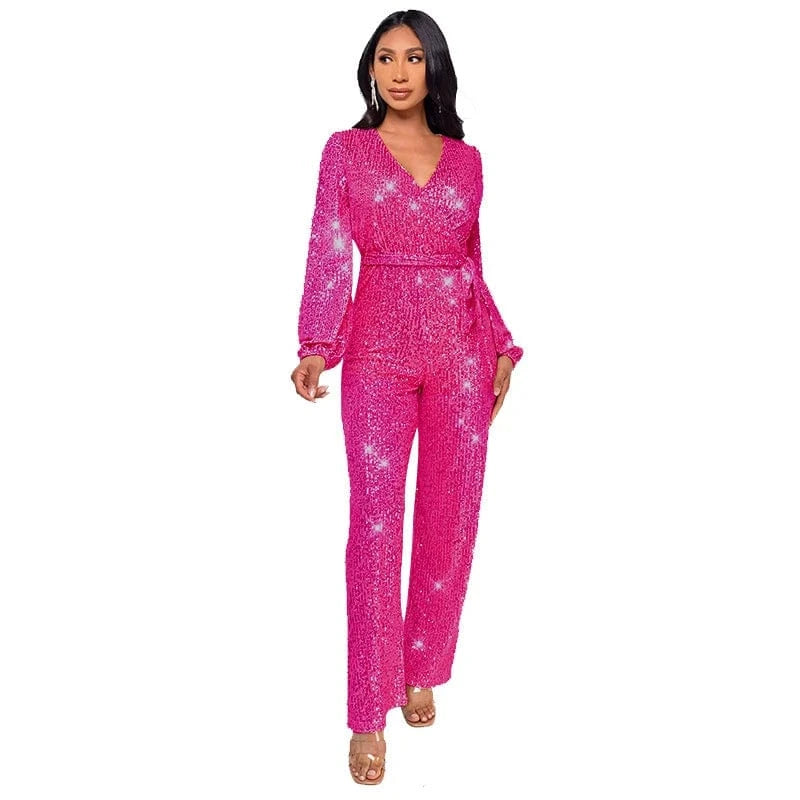 2024 new plus size women ladies sparkly red gold sequin long sleeve full romper jumpsuit women party club clothing with bandage