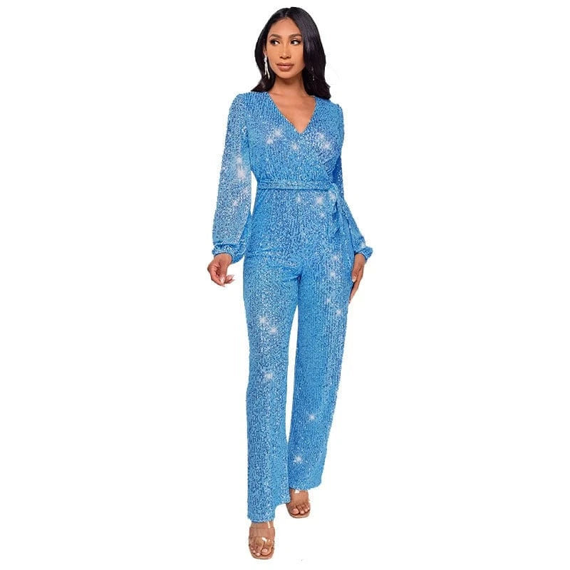 2024 new plus size women ladies sparkly red gold sequin long sleeve full romper jumpsuit women party club clothing with bandage